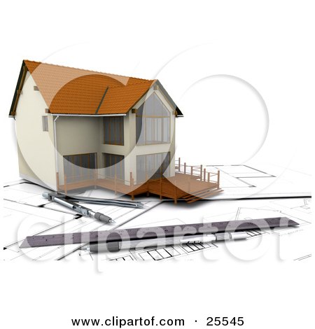 Clipart Illustration of a Custom Two Story Home With A Porch, Resting On Top Of Blueprints By Rulers by KJ Pargeter