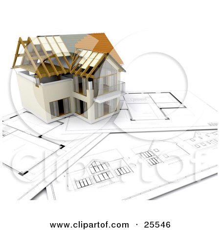 Clipart Illustration of a Partially Built Two Story Home On Top Of Blue Prints by KJ Pargeter