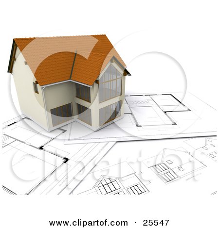 Clipart Illustration of a Beautiful Custom Two Story Home Resting On Top Of Blueprints by KJ Pargeter