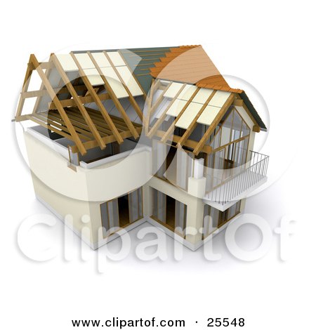 Clipart Illustration of a Partially Built Two Story Home With A Balcony And Large Windows by KJ Pargeter