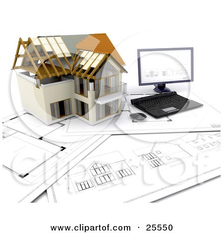 Clipart Illustration of a Partially Built Two Story Home And A Computer Resting On Blueprints by KJ Pargeter
