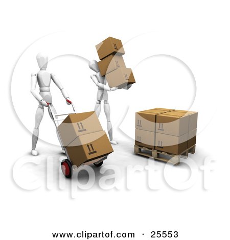 Clipart Illustration of a Couple Of White Figure Characters Moving Boxes To A Pallet In A Warehouse by KJ Pargeter