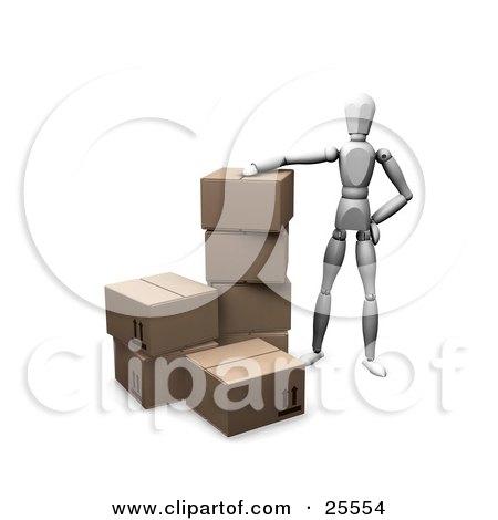 Clipart Illustration of a White Figure Character Resting His Arm On A Stack Of Cardboard Shipping Boxes by KJ Pargeter