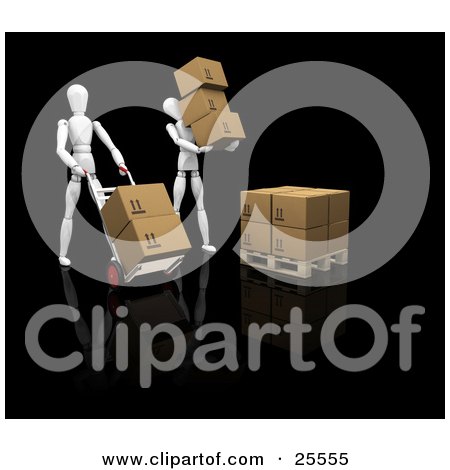 Clipart Illustration of White Figure Characters Carrying Boxes And Moving Them With Hand Trucks by KJ Pargeter