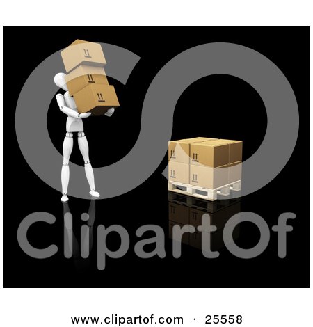 Clipart Illustration of a White Figure Character Carrying Three Cardboard Boxes To Stack Them On A Pallet by KJ Pargeter