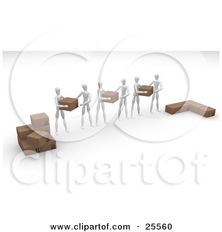 Clipart Illustration of a Group Of White Figure Characters Helping Each Other Move Boxes From One Stack To Another by KJ Pargeter