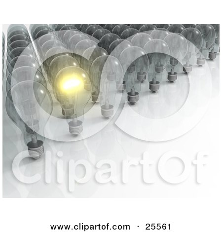 Clipart Illustration of a Single Glowing Clear Electric Light Bulb Shining From A Crowd Of Unlit Bulbs, Symbolizing Individuality by KJ Pargeter
