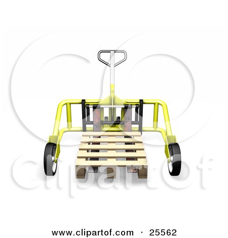Clipart Illustration of a Yellow Metal Pallet Truck Pulling A Wooden Pallet In A Warehouse by KJ Pargeter