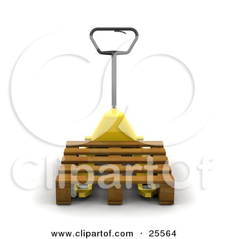 Clipart Illustration of a Black Handled Yellow Pallet Truck Moving A Wooden Pallet In A Warehouse by KJ Pargeter