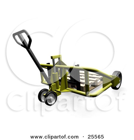 Clipart Illustration of a Wooden Pallet On A Yellow Metal Pallet Truck In A Warehouse by KJ Pargeter