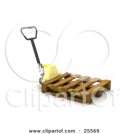 Clipart Illustration of a Black Handled Yellow Pallet Truck In A Warehouse, Moving A Wooden Skid Pallet by KJ Pargeter