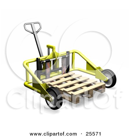 Clipart Illustration of a Yellow Metal Pallet Truck Pulling A Wood Pallet In A Warehouse by KJ Pargeter