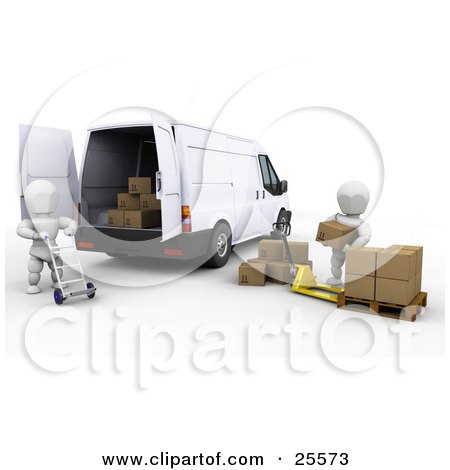 Clipart Illustration of a White Characters Working Together With A Dolly And Pallet Truck To Load Shipping Boxes Into A Delivery Van by KJ Pargeter