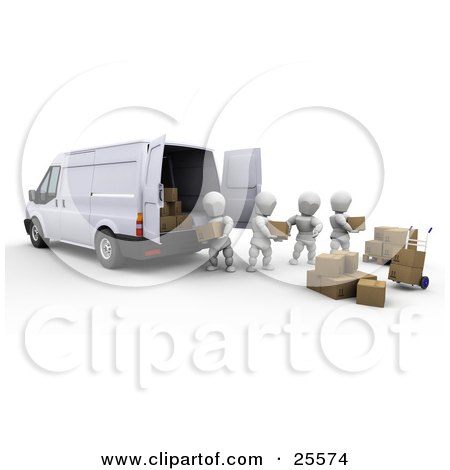 Clipart Illustration of a Team Of White Characters Unloading Or Loading A Delivery Van With Cardboard Shipping Boxes by KJ Pargeter
