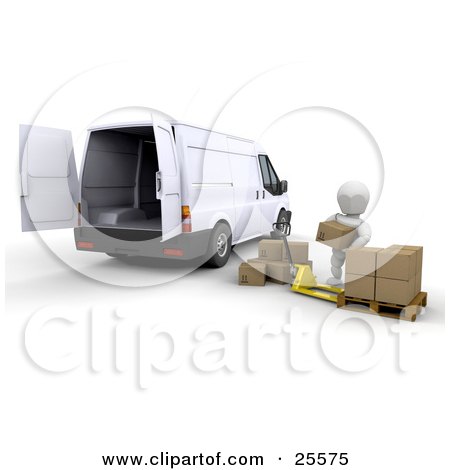 Clipart Illustration of a White Character Loading Shipping Boxes Into A White Delivery Van by KJ Pargeter