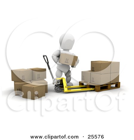 Clipart Illustration of a White Character Stacking Cardboard Boxes Onto A Pallet Truck While Preparing A Shipment by KJ Pargeter