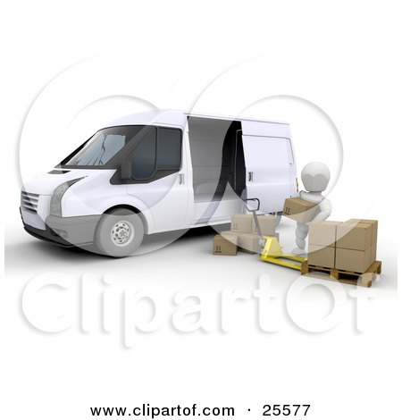 Clipart Illustration of a White Character Loading Shipping Boxes From A Pallet Truck Into A White Delivery Van by KJ Pargeter