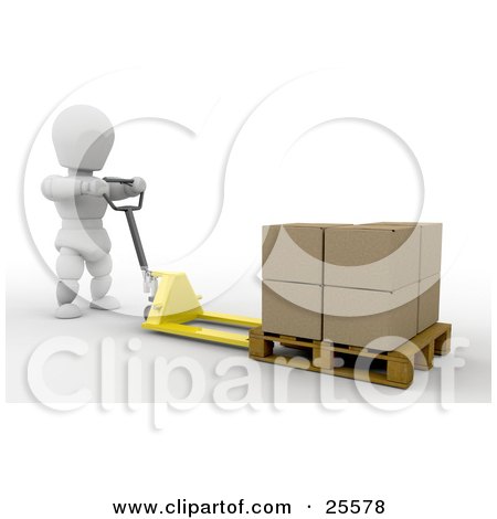 Clipart Illustration of a White Character Moving Stacked Cardboard Boxes On A Pallet Truck by KJ Pargeter