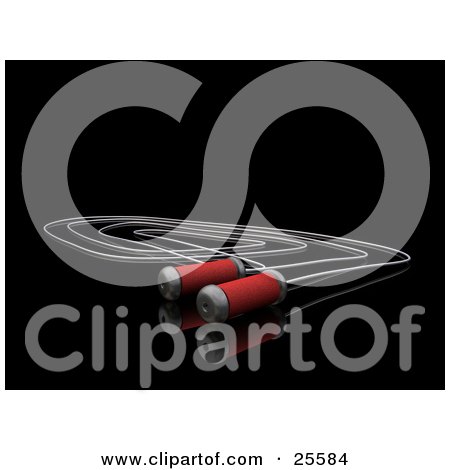 Clipart Illustration of a Silver Jump Rope With Red Cushioned Handles, Resting On A Reflective Black Surface by KJ Pargeter