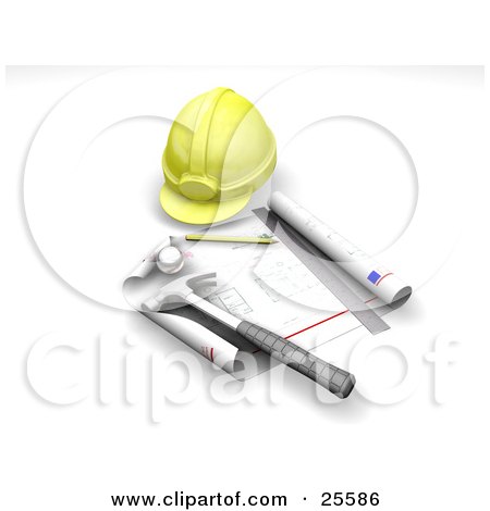 Clipart Illustration of a Yellow Hardhat, Blueprints, Ruler, Pencil And Hammer by KJ Pargeter