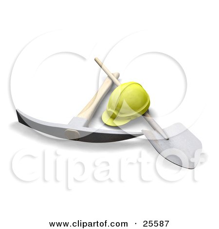 Clipart Illustration of a Yellow Hardhat With A Pickaxe And Shovel by KJ Pargeter