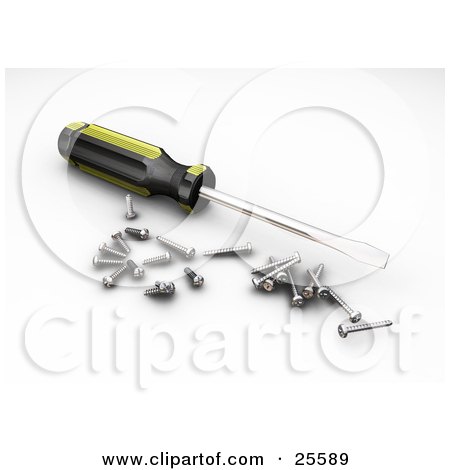 Clipart Illustration of Scattered Screws Resting By A Screwdriver by KJ Pargeter