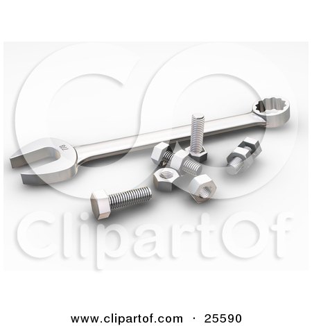 Clipart Illustration of a Chrome Spanner Tool With Nuts And Bolts by KJ Pargeter
