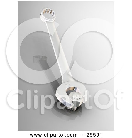 Clipart Illustration of a Silver Spanner Tool Tightening A Bolt And Nut by KJ Pargeter