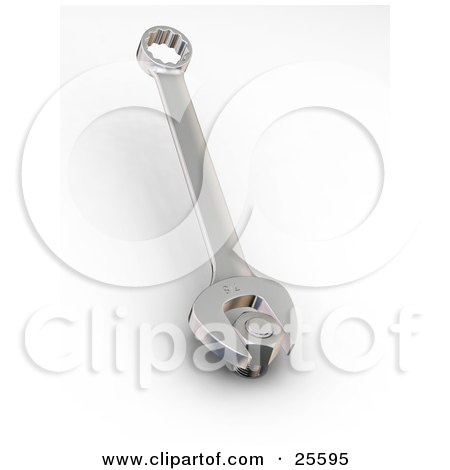 Clipart Illustration of a Silver Spanner Tool Removing A Nut And Bolt by KJ Pargeter