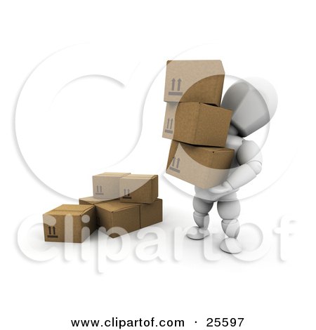 Clipart Illustration of a White Character Carrying Three Cardboard Boxes And Moving Them To A Pile by KJ Pargeter