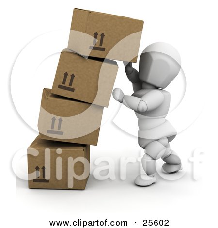 Clipart Illustration of a White Character Trying To Steady A Leaning Boxes Of Cardboard Shipping Boxes by KJ Pargeter
