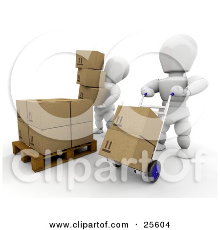 Clipart Illustration of Two White Characters Working In A Shipment Warehouse, One Stacking Boxes On A Pallet, The Other Moving Boxes On A Dolly by KJ Pargeter