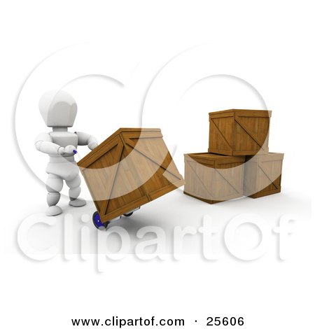 Clipart Illustration of a White Character Lifting Up A Wooden Shipping Crate On A Hand Truck by KJ Pargeter