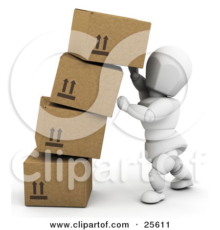 Clipart Illustration of a White Character Straightening Leaning Boxes Of Cardboard Shipping Boxes by KJ Pargeter