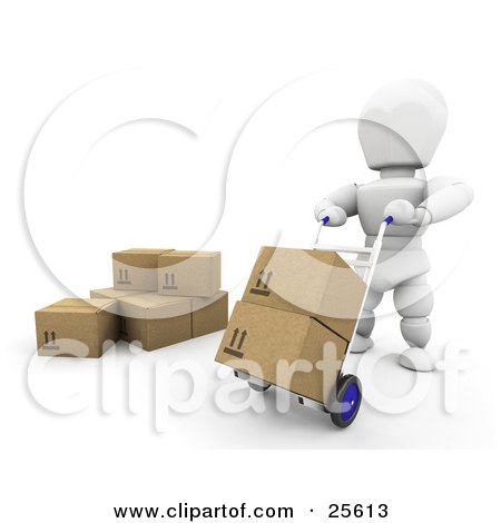 Clipart Illustration of a White Moving Boxes Around In A Warehouse With The Help Of A Hand Truck by KJ Pargeter