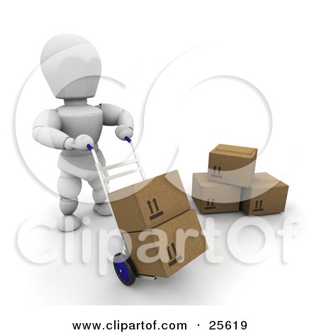 Clipart Illustration of a White Character Moving Boxes On A Dolly in a Warehouse by KJ Pargeter