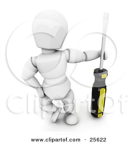 Clipart Illustration of a White Character Posing With A Black And Yellow Handled Screwdriver by KJ Pargeter