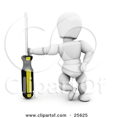 Clipart Illustration of a White Character Leaning Against A Screwdriver by KJ Pargeter