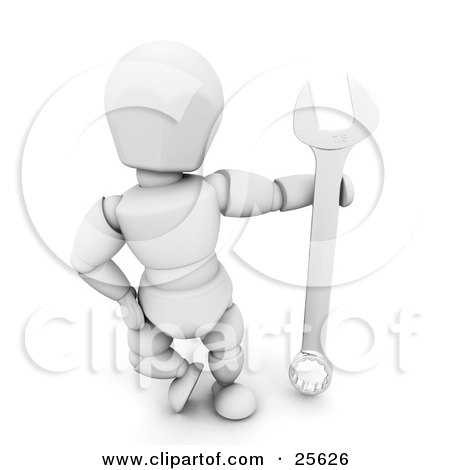 Clipart Illustration of a White Character Posing With A Silver Spanner Tool by KJ Pargeter