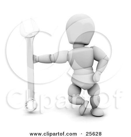 Clipart Illustration of a White Character Leaning Against A Silver Spanner Tool by KJ Pargeter