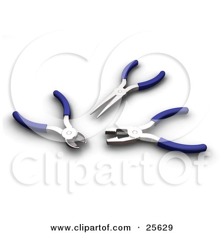 Clipart Illustration of Three Blue Handled Pliers And Cutters by KJ Pargeter