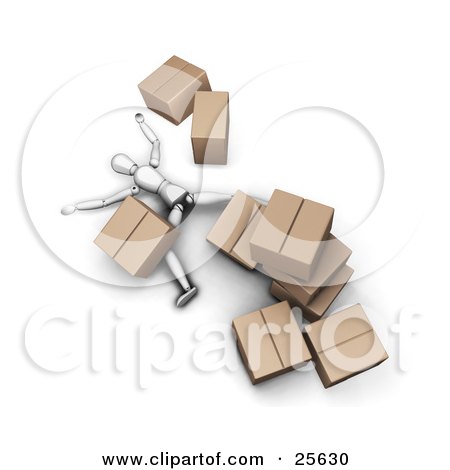 Clipart Illustration of a White Figure Character Lying Injured On The Floor, Under A Collapsed Pile Of Heavy Cardboard Boxes by KJ Pargeter