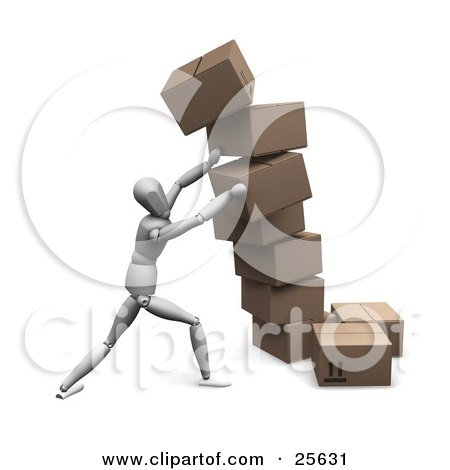 Clipart Illustration of a White Figure Character Straightening Leaning Boxes Of Cardboard Shipping Boxes by KJ Pargeter
