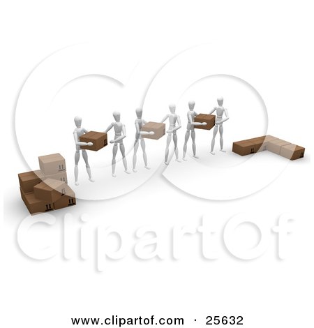 Clipart Illustration of a Group Of White Figure Characters Helping Eachother Move Shipping Boxes From One Pile To Another by KJ Pargeter