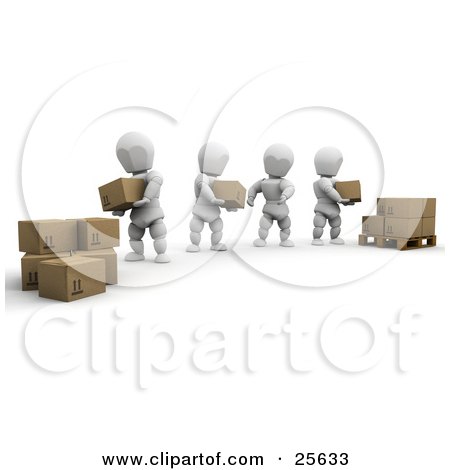 Clipart Illustration of a Team Of White Characters Helping Eachother Move Shipping Boxes From One Pile To A Pallet by KJ Pargeter