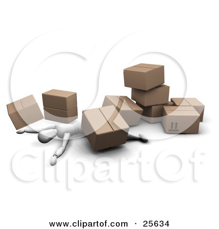 Clipart Illustration of an Injured White Figure Character Lying Under A Collapsed Pile Of Heavy Cardboard Shipment Boxes by KJ Pargeter