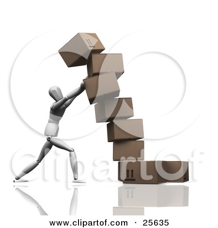 Clipart Illustration of a White Figure Character Trying To Steady A Leaning Boxes Of Cardboard Shipping Boxes by KJ Pargeter