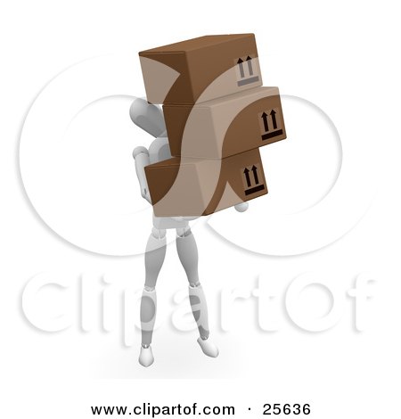Clipart Illustration of a White Figure Character Carrying Three Cardboard Shipping Boxes by KJ Pargeter