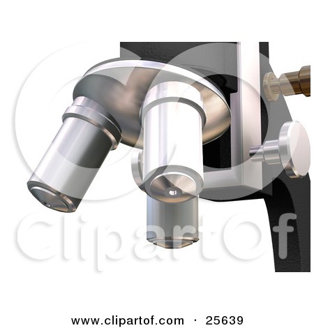 Clipart Illustration of a Closeup Of The Lenses Of A Black And Silver Science Lab Microscope by KJ Pargeter