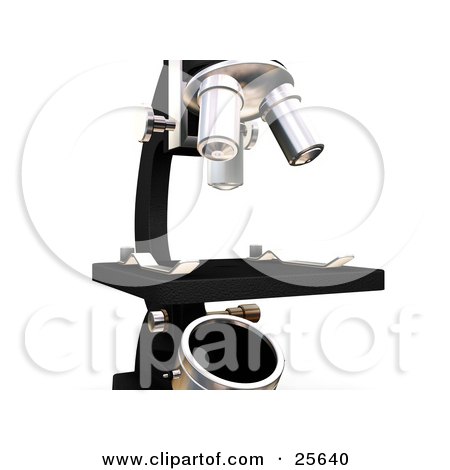 Clipart Illustration of a Closeup Of A Black And Silver Microscope On A Counter Of A Science Laboratory, Over White by KJ Pargeter